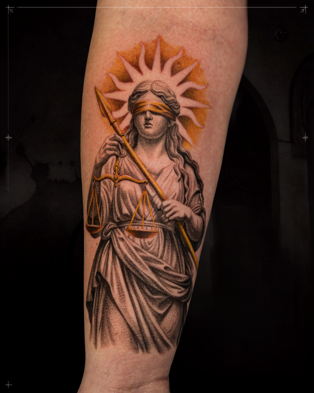 Black and grey realism tattoo by Jon LaFlore, Dallas TX — Law