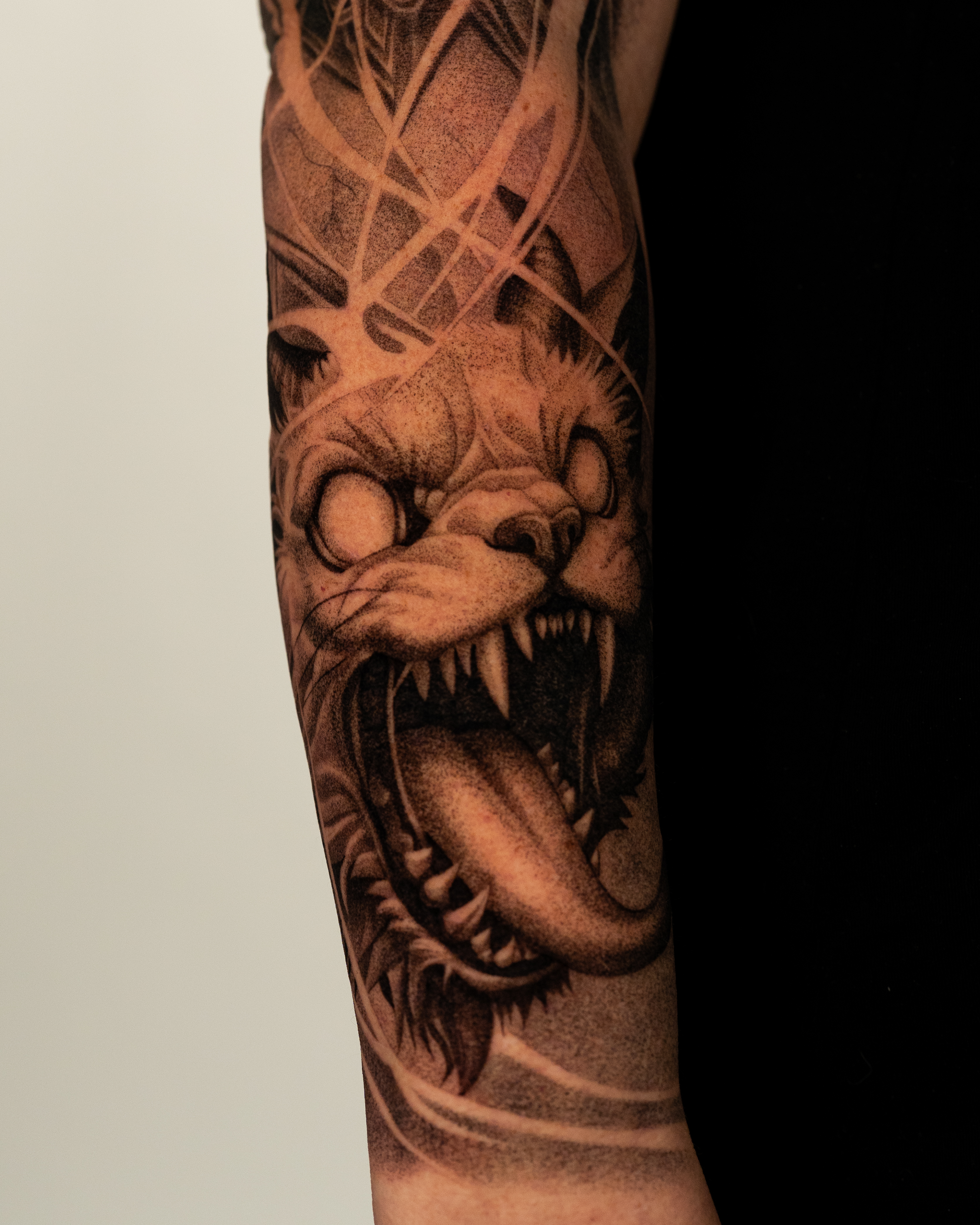 Black and grey realism tattoo by Jon LaFlore, Dallas TX — Cat portrait